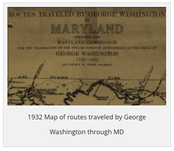 1932 Map of routes traveled by George Washington through MD