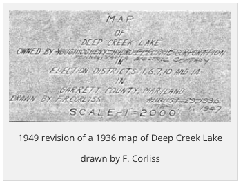 1949 revision of a 1936 map of Deep Creek Lake drawn by F Corliss